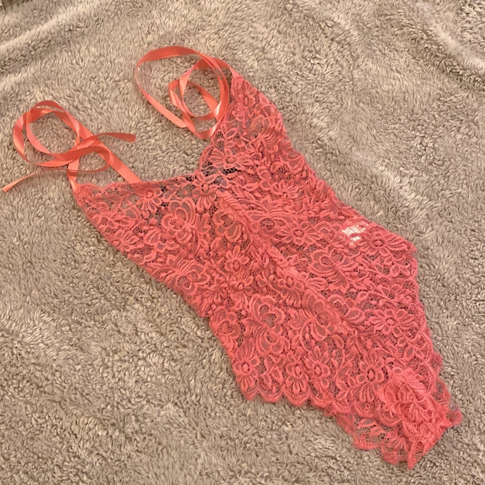 Missguided Ribbon Tie Shoulder Lace Bodysuit Pink